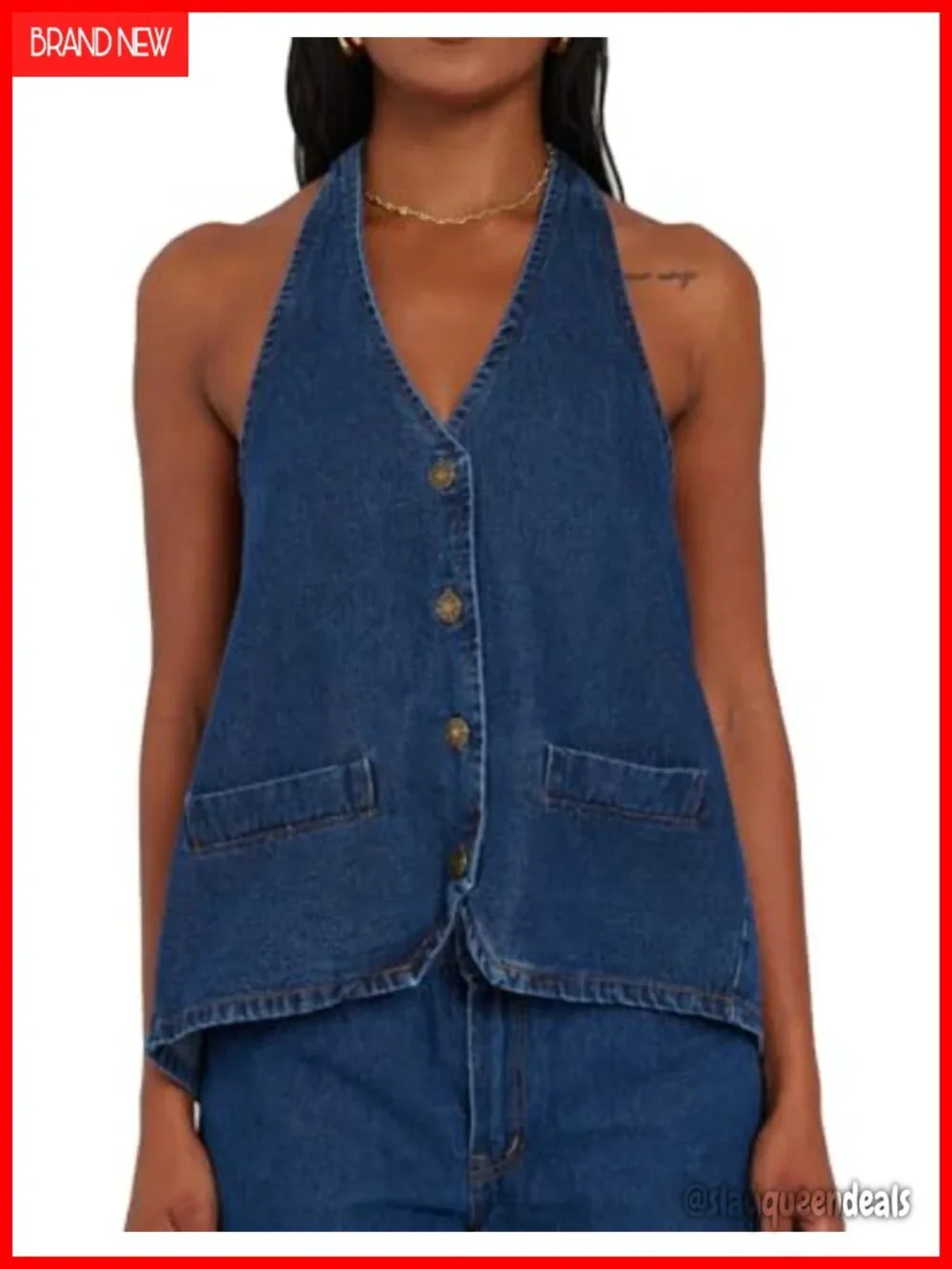 Tie Up Denim Vest Sleeveless V Neck Cropped Backless Open Back Button Down